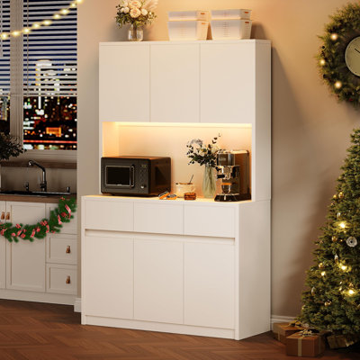 Kitchen Food Pantry With Charge Station, LED Light,Storage Cabinet