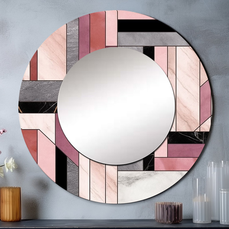 Marbre granit agate avec des touches d'or douzième - miroir mural géométrique, miroir décoratif rond moderne, art imprimé en métal