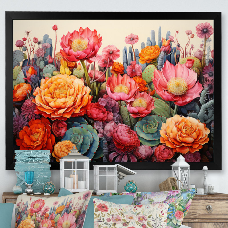 Désert cactus jardin IV - art mural désert, H 16 po x l 32 po x P 1 po, Cadre simple noir