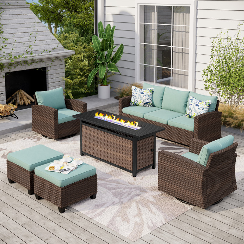 5 - Person Outdoor Wicker Patio Conversation Set with Swivel Chairs, Blue, Yes