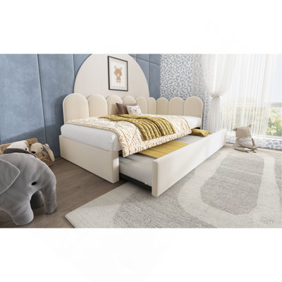 Upholstered Bed Daybed With Pull-Out Bed, Twin Size Single Sofa Bed,Guest Beds For Adults and Children, Bed With Metal Slatted Frame, Velvet, Beige (Without Mattress)