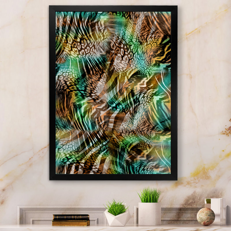 Motif léopard avec une touche de vert IV - Peinture, Toile avec cadre photo noir, H 20 po x l 12 po x P 1 po