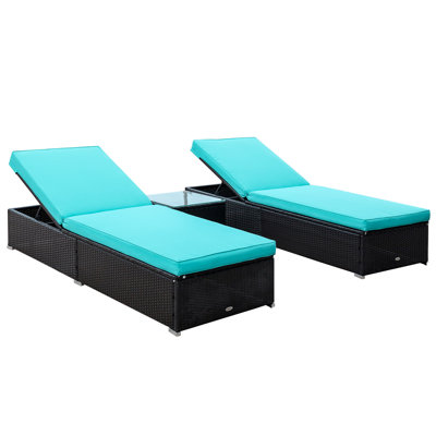 Outdoor Lounge Chairs Set Of 2 With 5-Level Angles Adjust Backrest, Thick Cushions, & Matching Table, Patio Rattan Furniture Sets For Pool Side, Balco by Outsunny