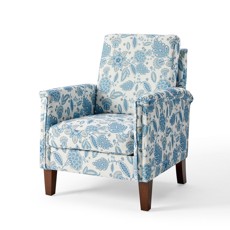 29" Wide Floral Upholstered Armchair With Solid Wood Legs, Traditional Accent Chair, Blue