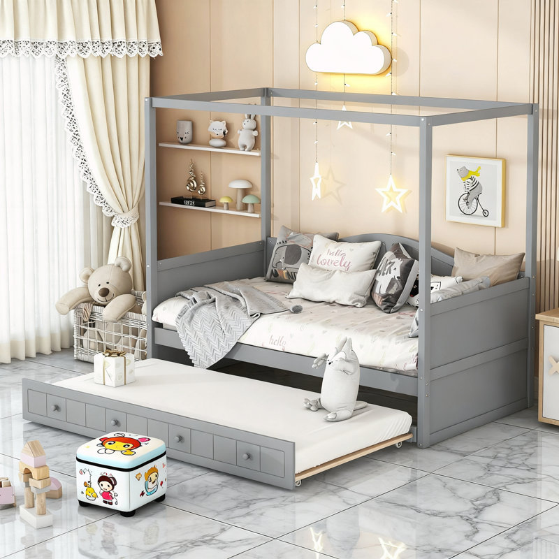 Twin Size Canopy Day Bed with twin size Trundle, Gray