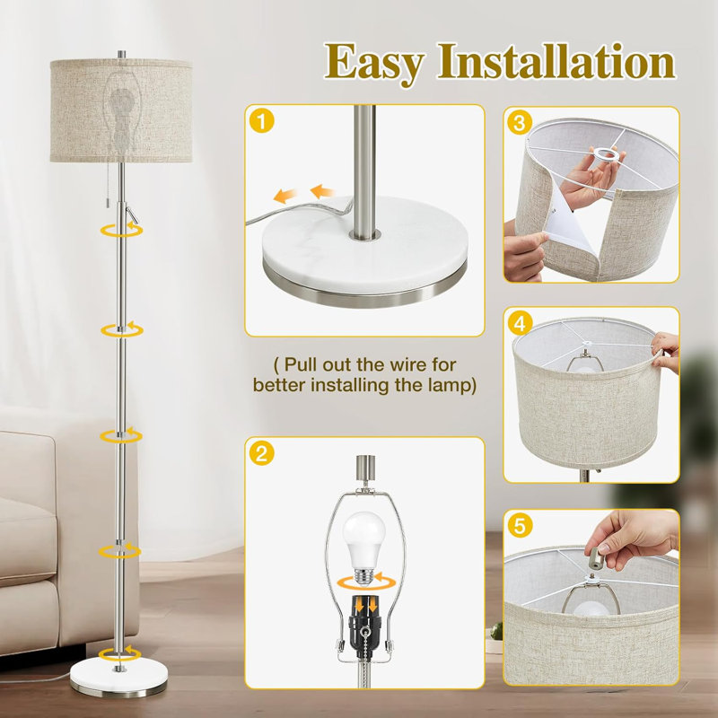 Adjustable Marble Floor Lamp With Pull Chain, Brushed Nickel Finish (Bulbs Not Included)