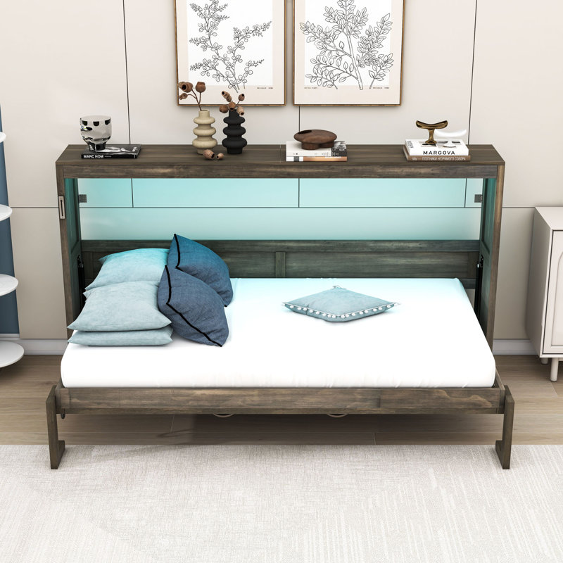 Lit escamotable simple en bois avec éclairage DEL et verrou de sécurité, Brun