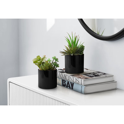 Artificial Plant, 7" Tall, Succulent, Indoor, Faux, Fake, Table, Greenery, Potted, Set Of 2, Decorative, Green Plants, Pots