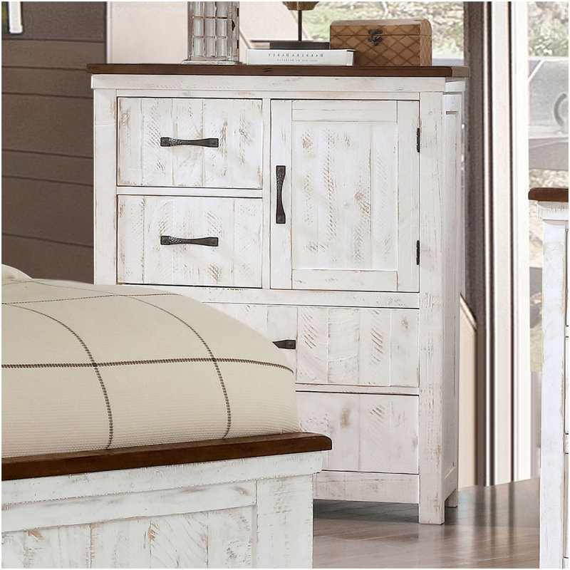 Commode en métal de style transitionnel moderne de 1 pièce avec quatre tiroirs et une planche d'armoire au fini blanc vieilli et noyer