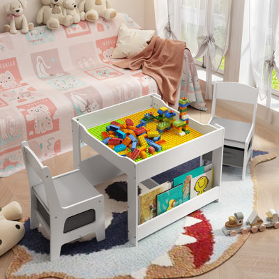 2-In-1 Reversible Top Kids Activity Table & Chair Set ,With Chair Storage Drawers & Under-Table Shelf–Durable, Easy-Clean Furniture by 17 Stories