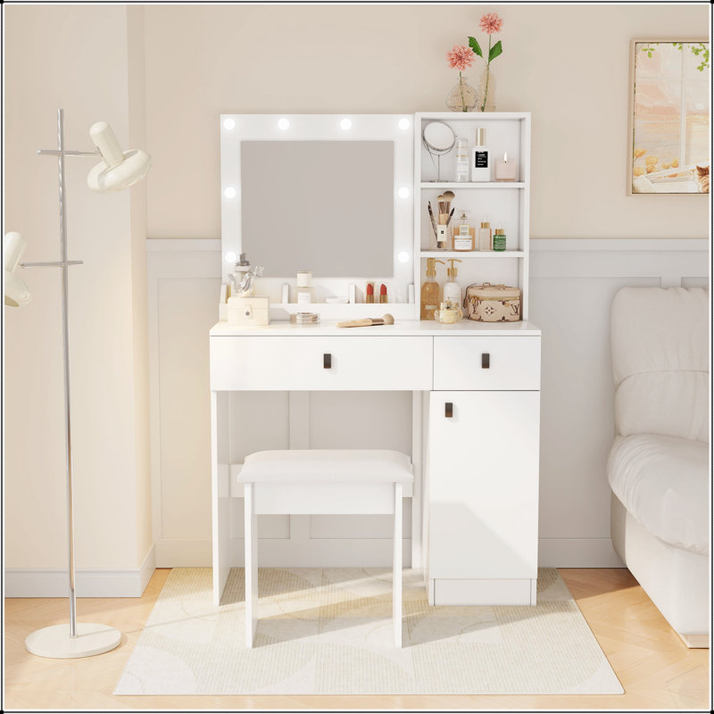 Élégant meuble-lavabo avec lumières DEL réglables, miroir rotatif et amplement de rangement pour les chambres à coucher modernes