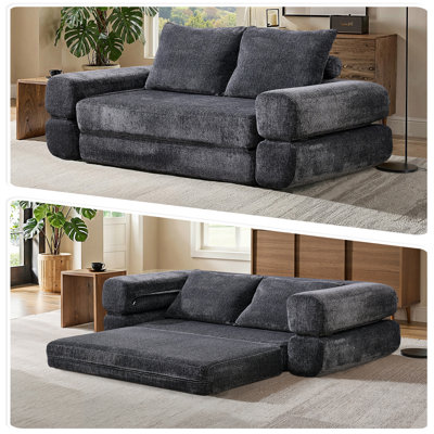 Frameless Boneless Loveseat Sofa‑Bed Split‑Back Convertible Queen‑Size Sleeper Compressed Chenille Foam Couch No Assembly