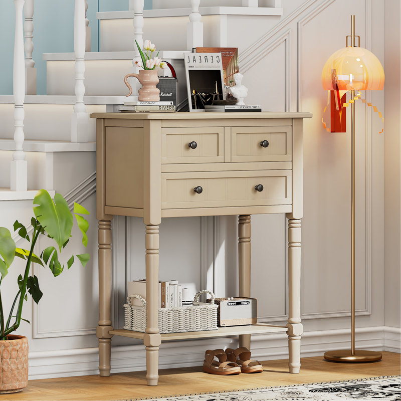 Console étroite, canapé mince avec trois tiroirs de rangement et tablette inférieure, Beige