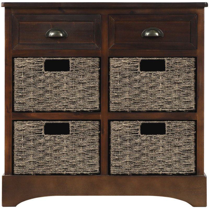 TREXM Rustic Storage Cabinet With Two Drawers And Four Classic Rattan Basket For Dining Room/Living Room, Espresso