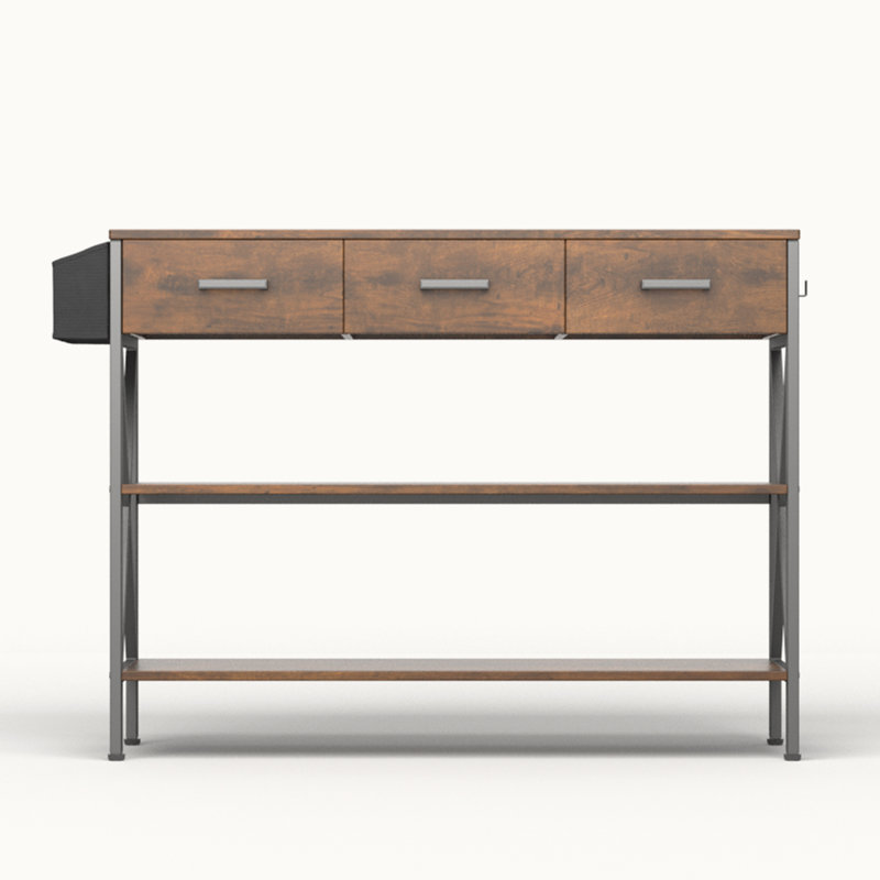 Modern Console Table with 3 Drawers, 2 Shelves, Storage Basket & Hooks - Ideal for Entryway or Behind Sofa, Brown