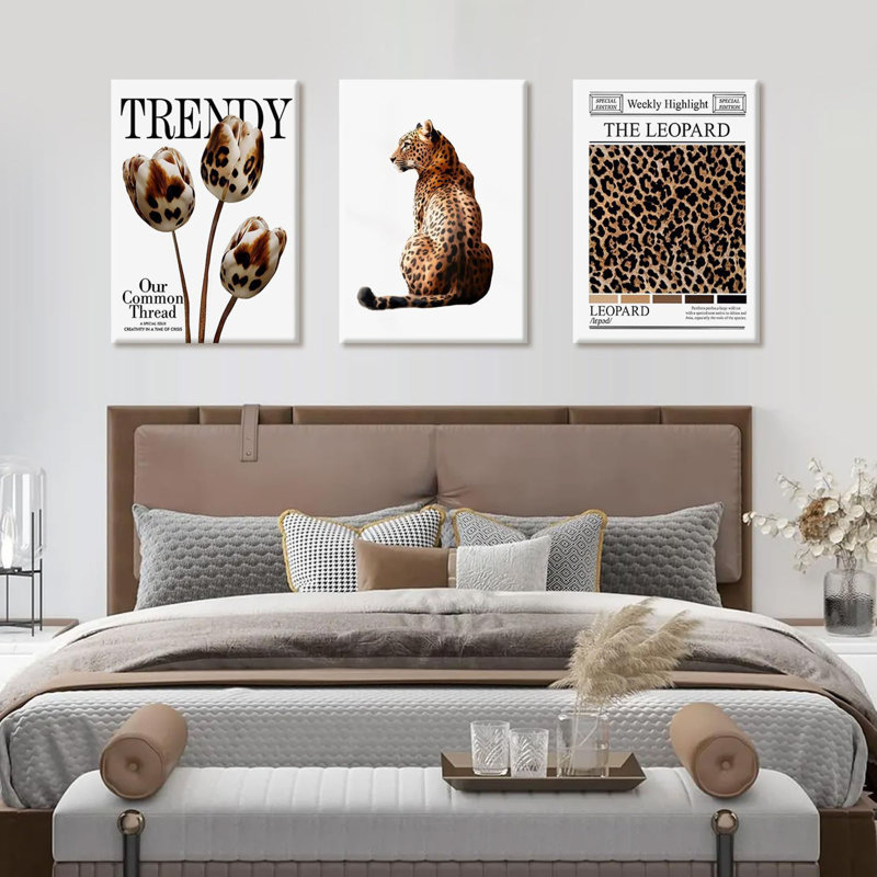 3 pièces à la mode léopard, impression sur toile, art féminin, affiches, impressions, léopard noir et or, peintures, chambre BCBG, décoration murale, dortoir, salon, 16 x 24 po