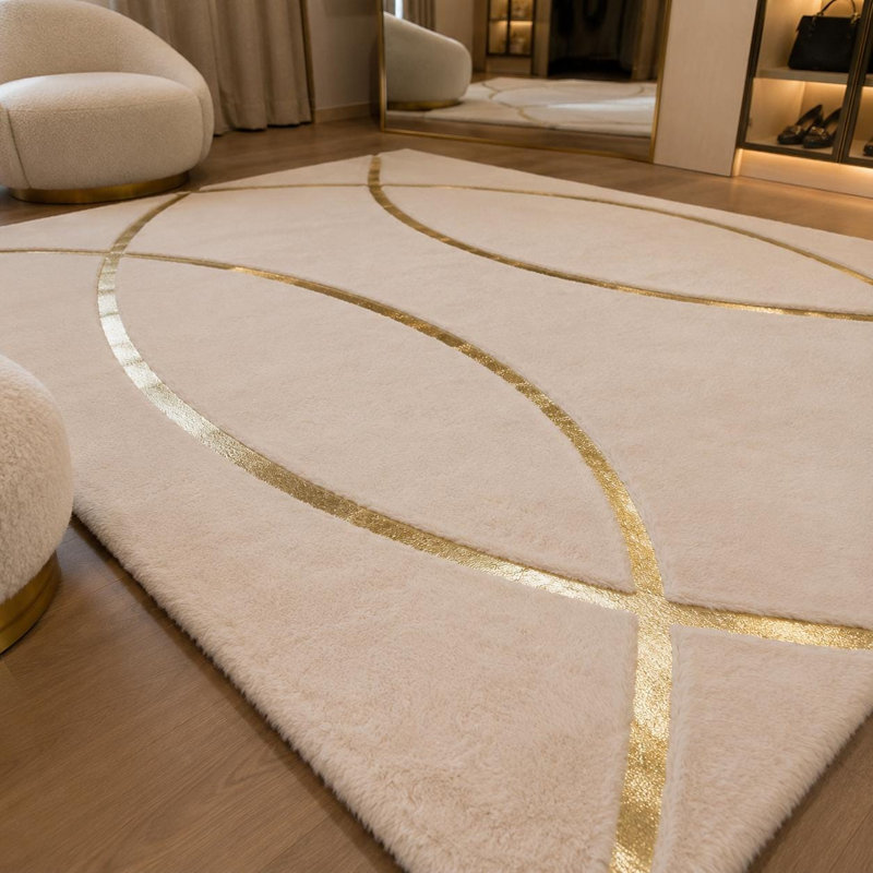 Tapis ivoire doré moelleux, tapis géométrique moderne, fausse fourrure douce, 3 x 5 pi