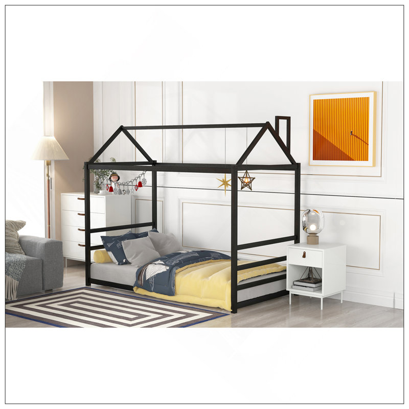 Lit plateforme House avec toit et cheminée, Noir