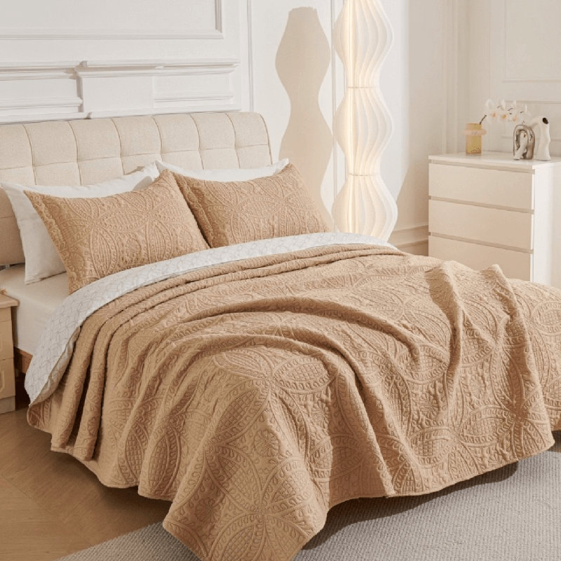 Beige Reversible Microfiber Queen Bedspread Set