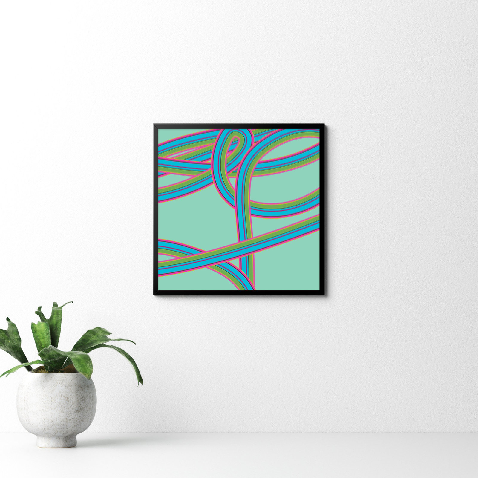 Polo "Turquoise Twist" Print by Jacques Pilon, 16" H x 16" W x 1.25" D, Black