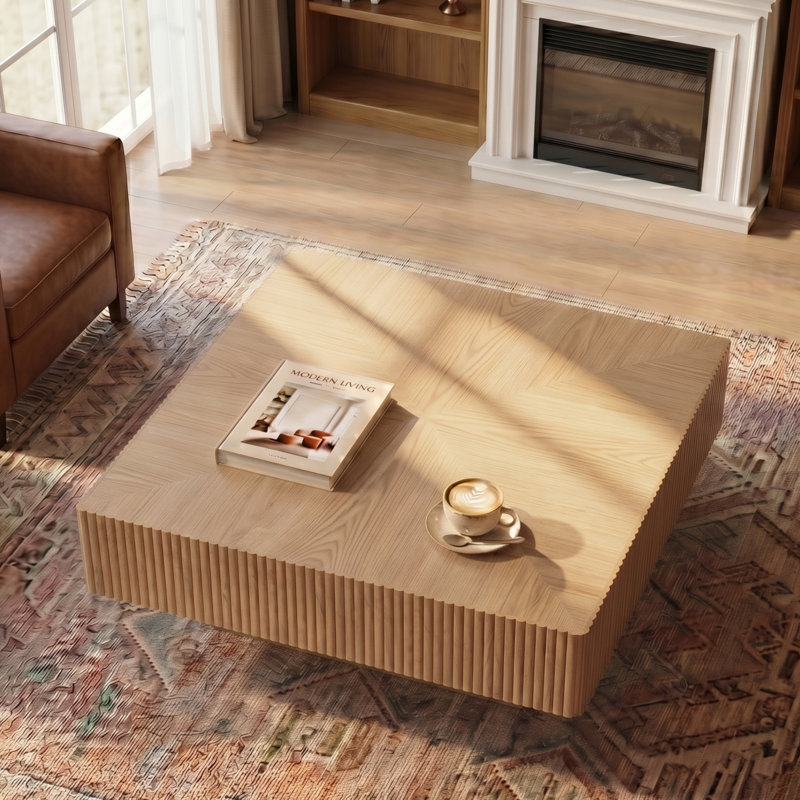  Table basse 35 po carrée en bois massif avec deux tiroirs de rangement, H 13,67 po x L 35 po x l 35 po, Bois naturel