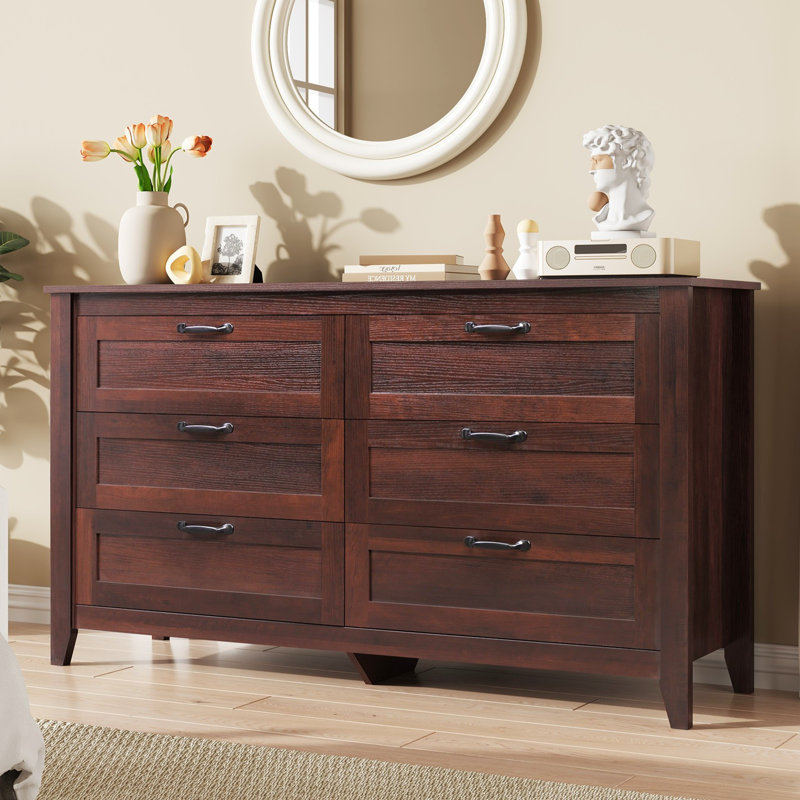 Commode moderne à 6 tiroirs de 54 po de largeur Serefina, commode en bois brun noyer avec pieds solides pour la chambre à coucher, grande commode double de rangement espresso avec poignées en métal pour placard ou couloir