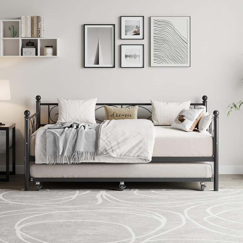 Twin Size Black Metal Daybed With Trundle Bed Space Saving Design Floral Headboard Heavy Duty Steel Slats Modern Pull Out Sofa Bed For Guest Room Living Room