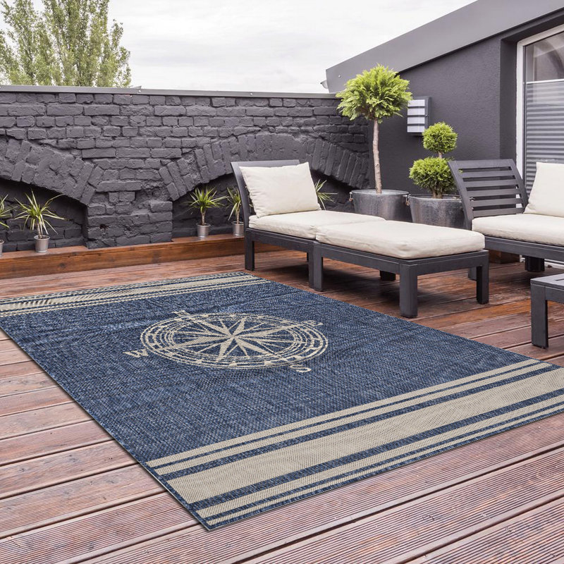 Areefa Medallion Blue/White Power Loomed Indoor/Outdoor Area Rug, Rectangle 7'6" x 9'5"