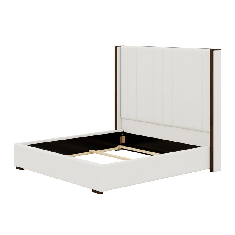 Tall Headboard Upholstered Bed With Vertical Striped And Wingback Design