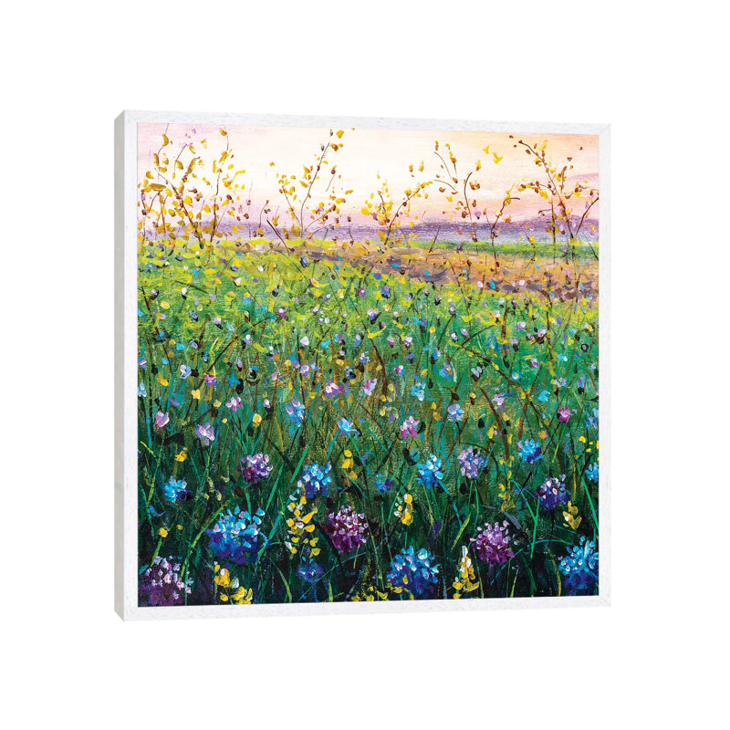 Beautiful Field Flowers On Sunset by Valery Rybakow - Painting on Canvas, White Framed, 45.72cm H x 45.72cm W x 3.81cm D