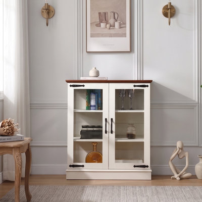 Petit buffet avec portes en verre et éclairage DEL, petit buffet avec tablette réglable, pour le salon et la cuisine, blanc antique