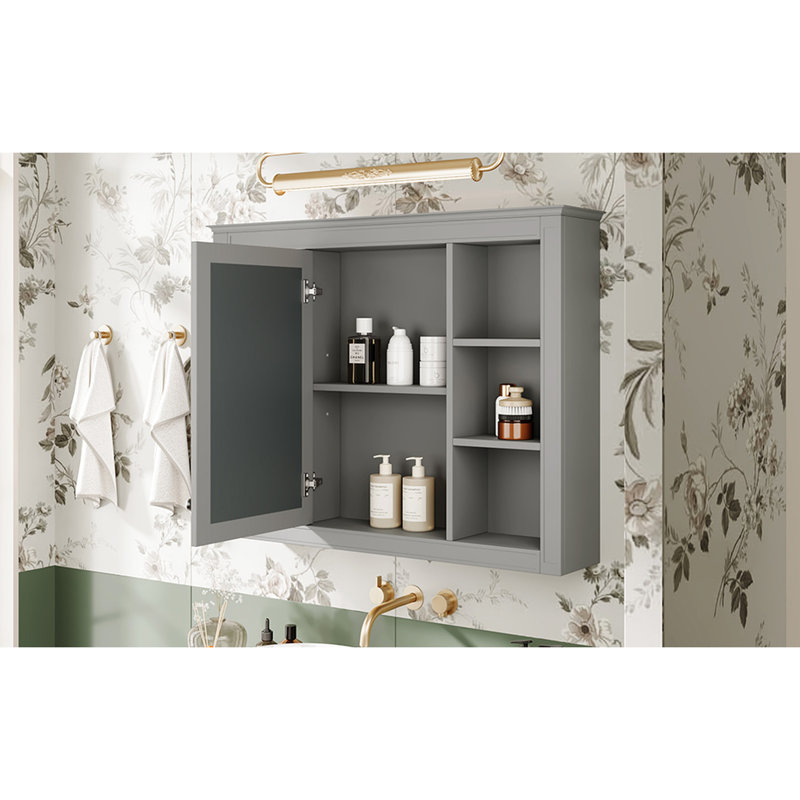 Armoire de salle de bain avec miroir 35 po x 27,5 po, fixation murale, grise, tablettes réglables, armoire moderne avec miroir, 35 po x 27,5 po, poignée rétro, rangement fonctionnel