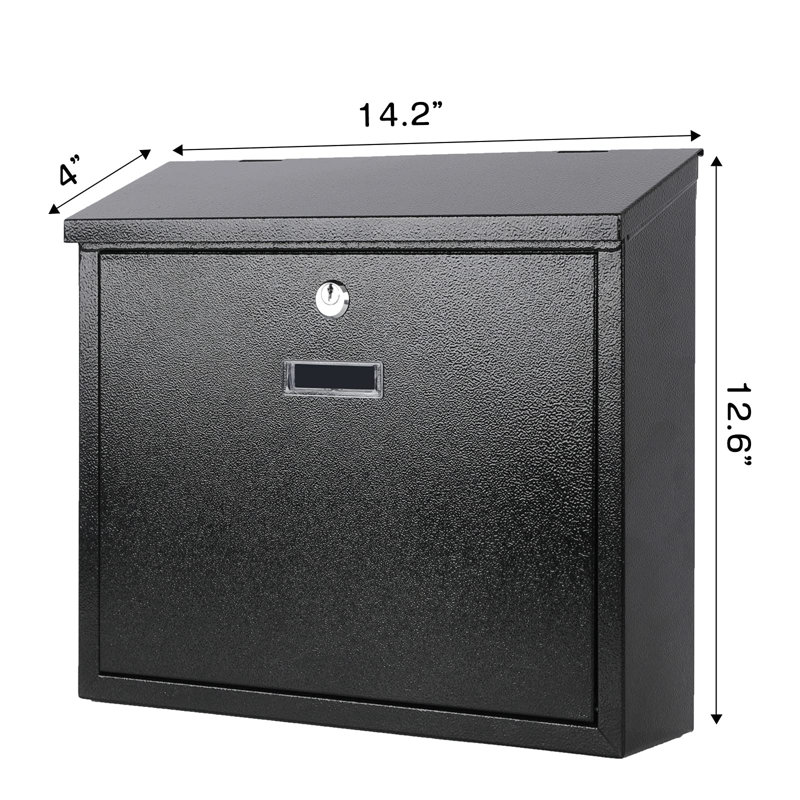 Mail Boxes With Key Lock,Locking Mailbox Wall Mounted,Security Mailbox With Lock And Key,Large Capacity,Steel Cover Metal Postbox For House,14.2X 4X 12.6 Inch, Black