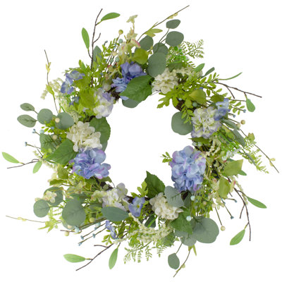 Eucalyptus and Hydrangea Floral Fern Spring Wreath Blue and Green 26"