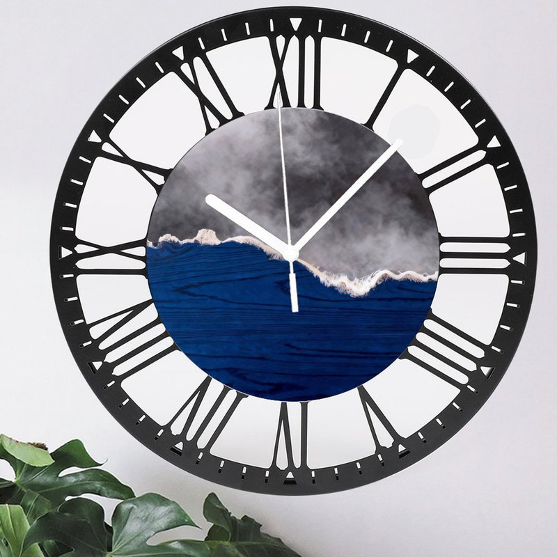 Horloge murale ronde en fer 10 po avec mouvement à quartz silencieux, chiffres romains, impression UV, Bois bleu et frêne