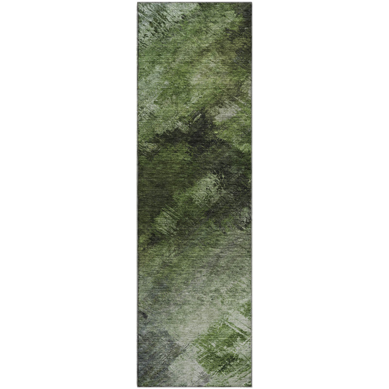 Premium Machine Washable Cerrito AMF590 Green Rug, Runner 2'3" x 7'6"