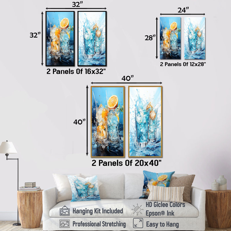 «Blue Soda», impression d'art sur toile, ensemble de 2, Cadre flottant blanc, H 40 po x l 41 po