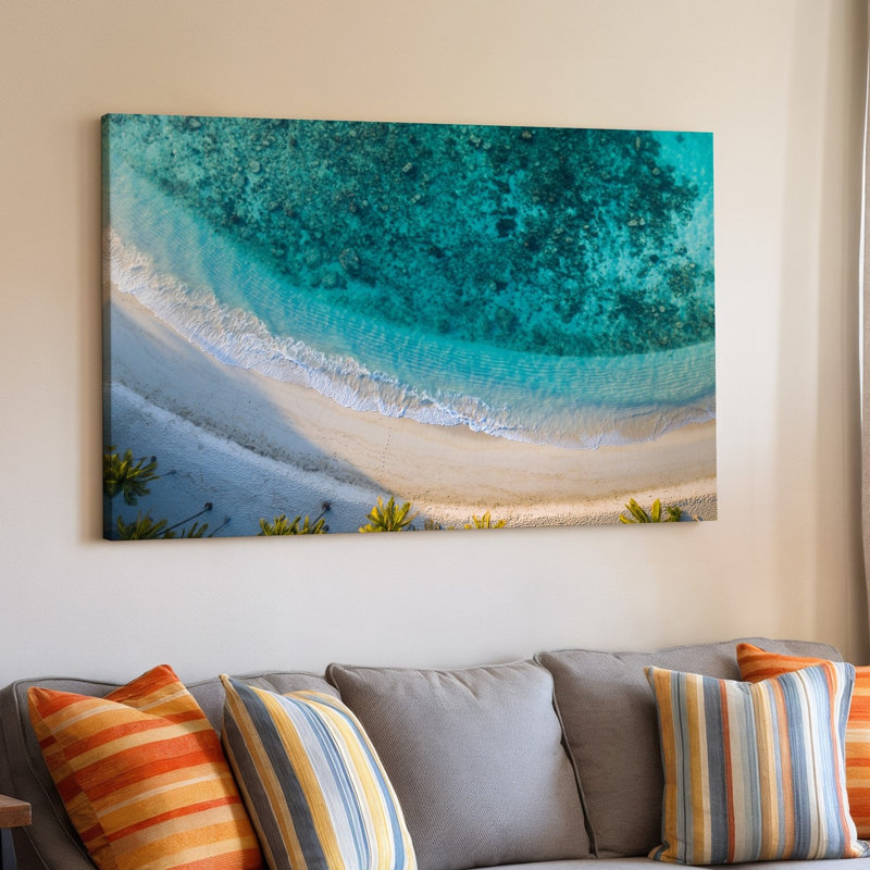 Toile, vue aérienne d'une scène de plage tropicale tranquille avec art mural doux, sable blanc rencontrant doucement les eaux turquoise vibrantes, art mural
