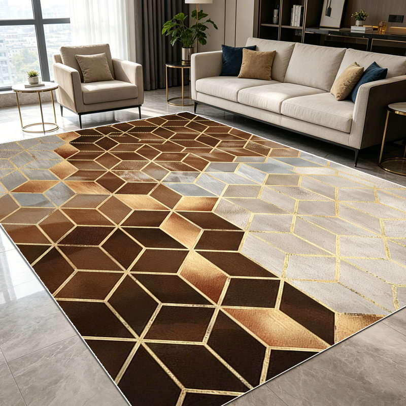 1PC Geometric Hexagon Gold Line Neutral Gradient area rugs for Living Room, Soft and Comfortable, Suitable for all seasons, easy-to-maintain, machine washable Indoor floor mat, Under Table Farmhouse suitable for dining table, coffee table, entryway,