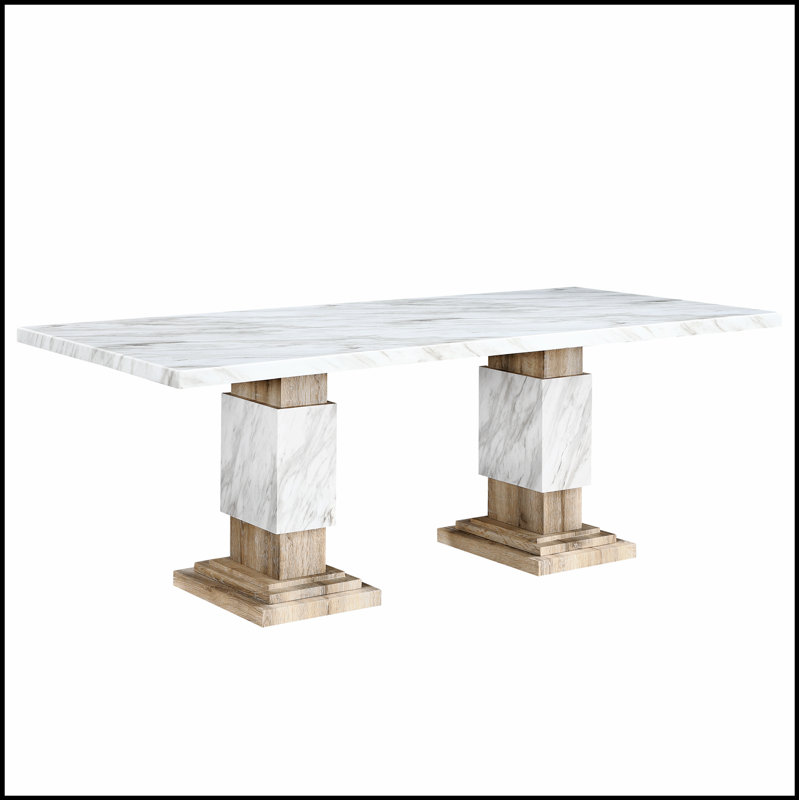 Table de salle à manger en faux marbre beige Stacey, durable et élégante pour les cuisines modernes et traditionnelles.