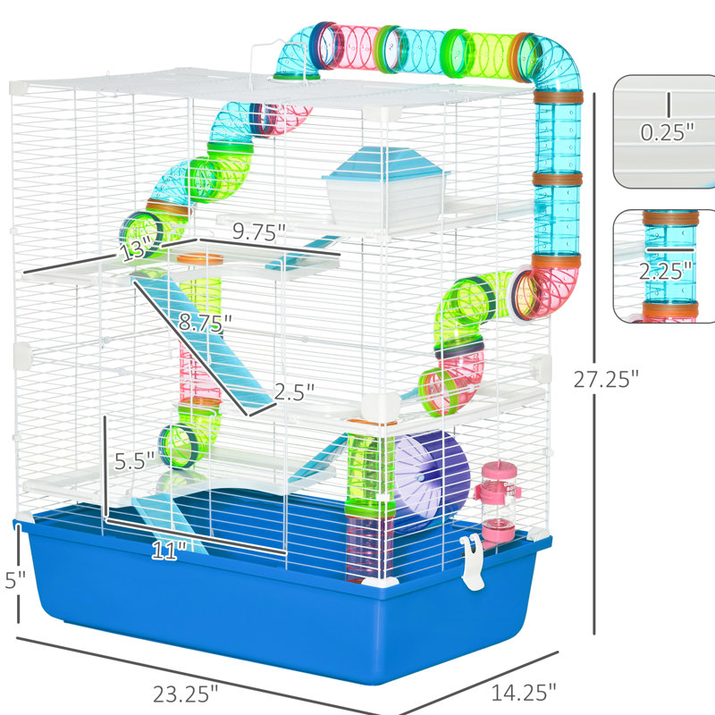 Cage extra large pour hamster (58 cm) - 5 tubes et tunnels, poignées de transport, roue d'exercice, biberon, bol, cage bleue à 5 niveaux, structure en acier.