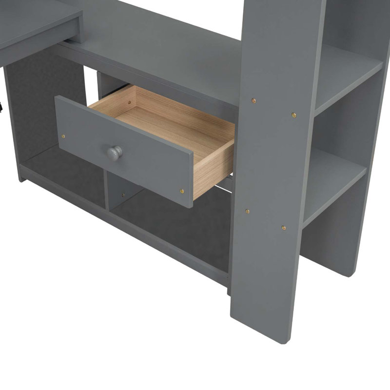 Lit mezzanine en bois avec bureau, tablettes multiples, DEL et station de charge, Lit simple