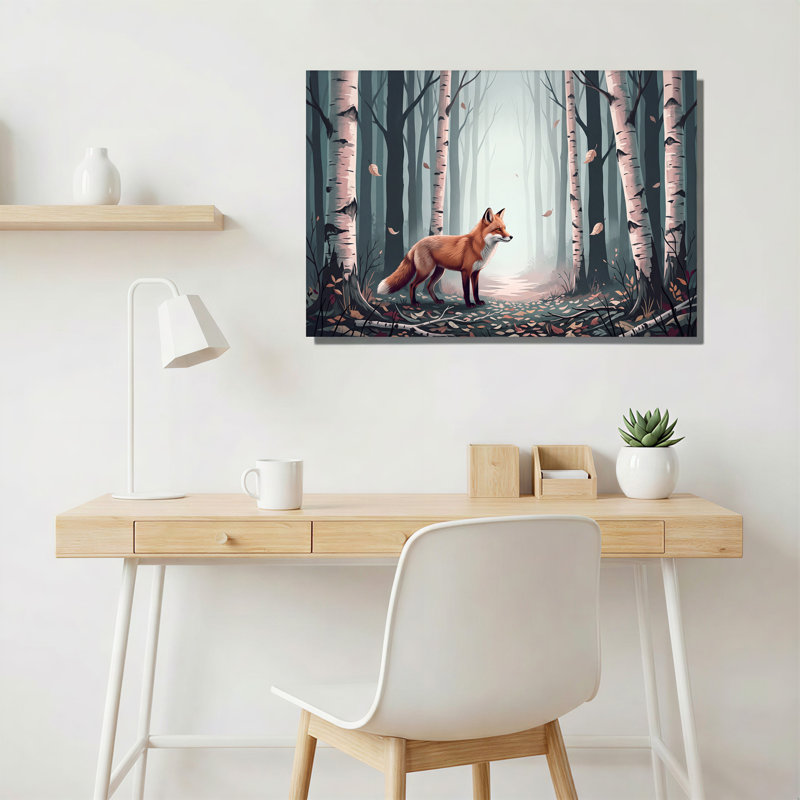 «Red Fox» debout dans une forêt de bouleaux brumeux avec des feuilles tombées, art mural, 20"H x 30"W