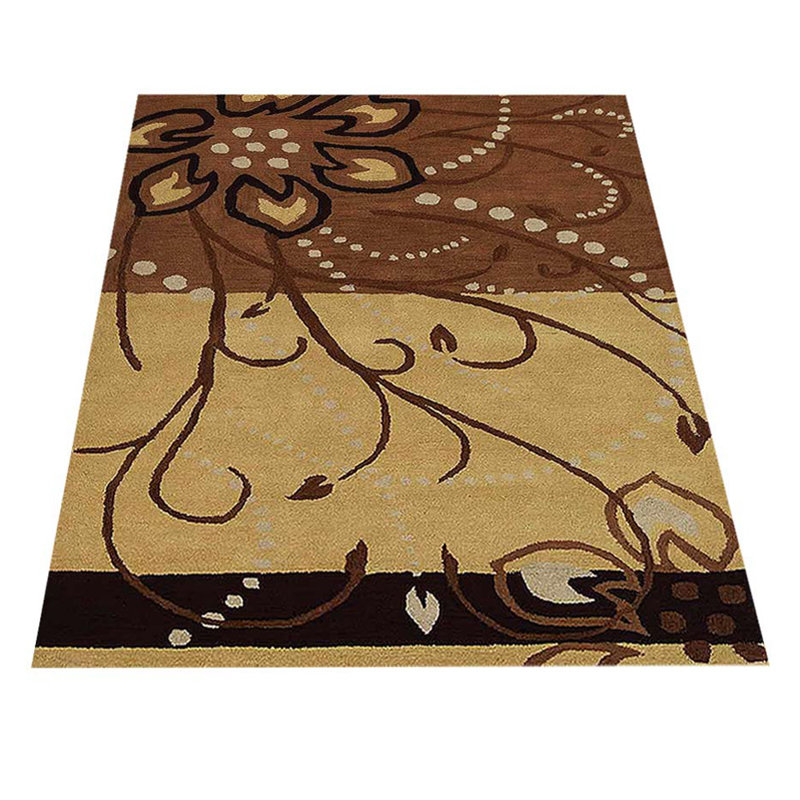 Tapis écologiques en laine touffetés à la main Annan - Rectangle, couleur brun clair, motif floral moderne, tapis antidérapants faits à la main et épais