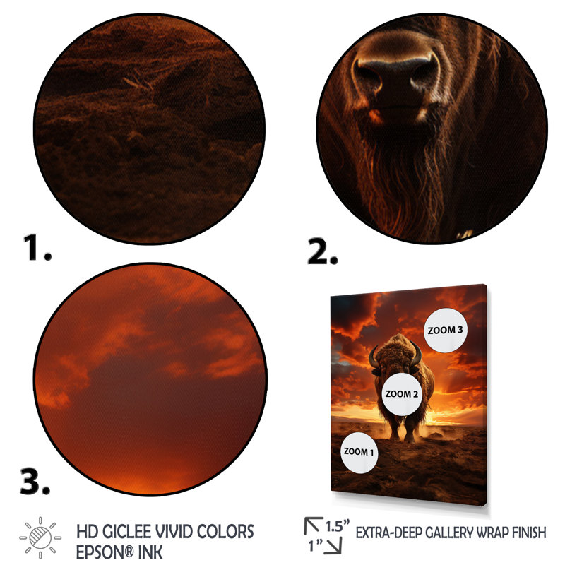 «Orange Brown Buffalo Silhouette Serenade», reproduction sur toile, H 40 po x l 30 po x P 1,5 po, Cadre flottant doré