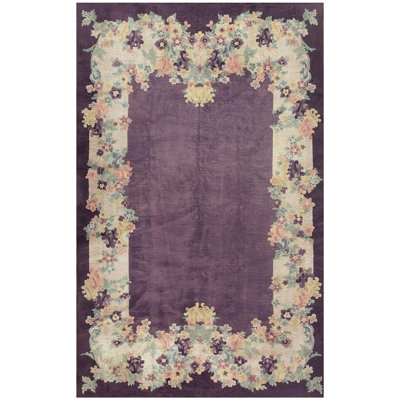 1920s Antique Purple Open Field Chinese Handknotted Art Deco Wool Room Size Rug