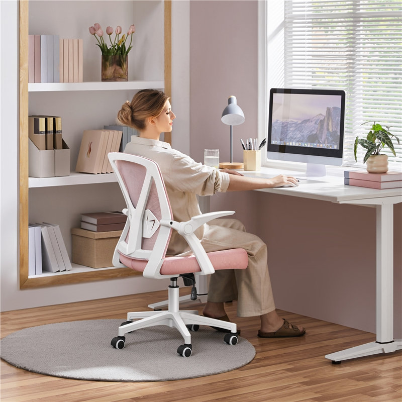 Mesh Desk Chair with Flip-up Armrest, Pink/White