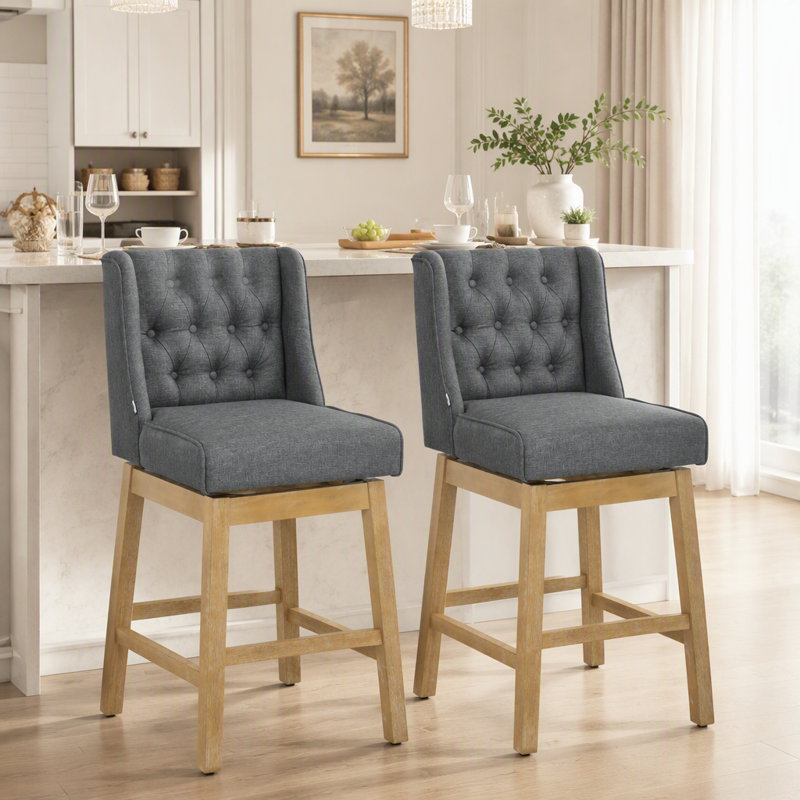 Ensemble de 2 tabourets de bar à hauteur de bar pivotant à 180 degrés, siège de 30 po de hauteur avec repose-pieds en bois massif et capitonnage à boutons, gris