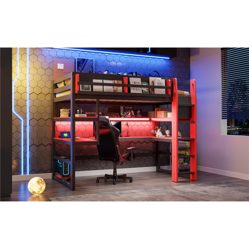 Lit mezzanine en bois multifonctionnel avec lumière RVB et tablettes de rangement