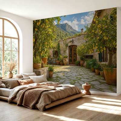 Wall Mural Peel and Stick Wallpaper Rustic Stone Courtyard Lemon Trees Mountain Landscape Self-Adhesive Removable Contact Paper Wall Decor for Living Room Bedroom 69"H x 96"W